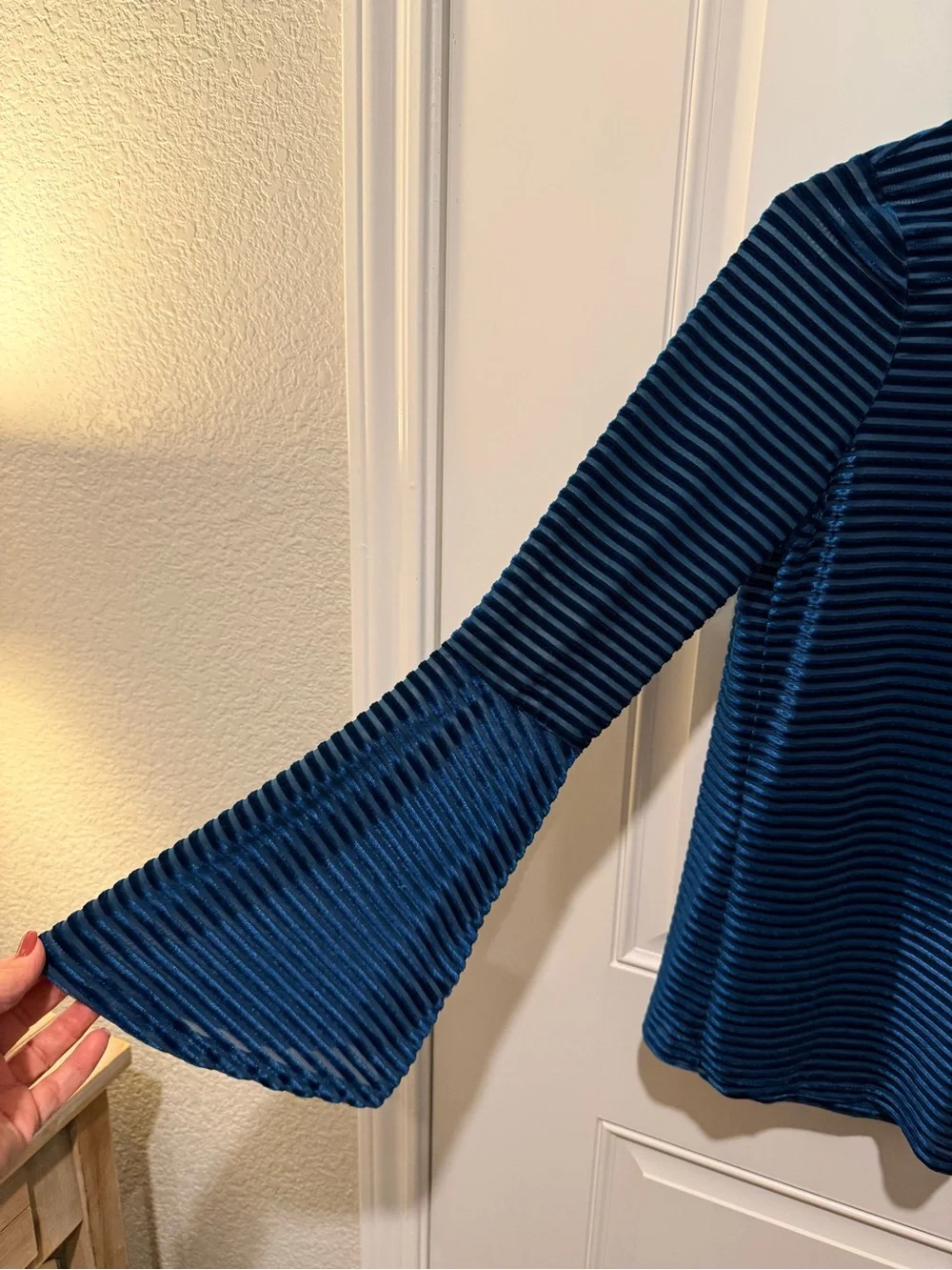 Michael Kors Ribbed Velvet Long-Sleeve Top in Deep Blue